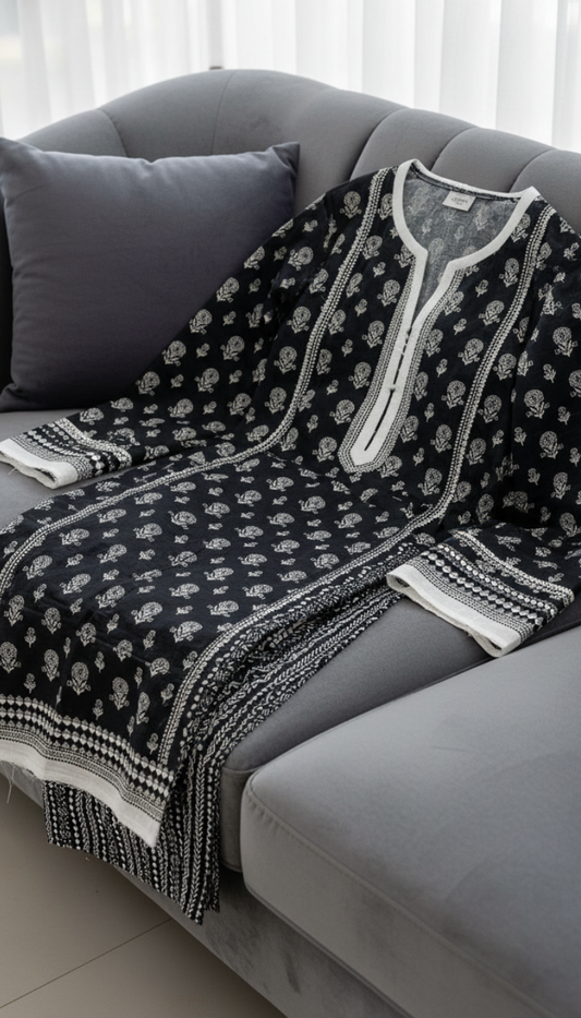 2 Piece Printed Khaddar (Black)