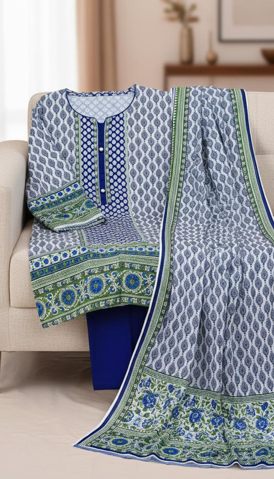 3 Piece Suit Printed Lawn (Cambric Trouser)