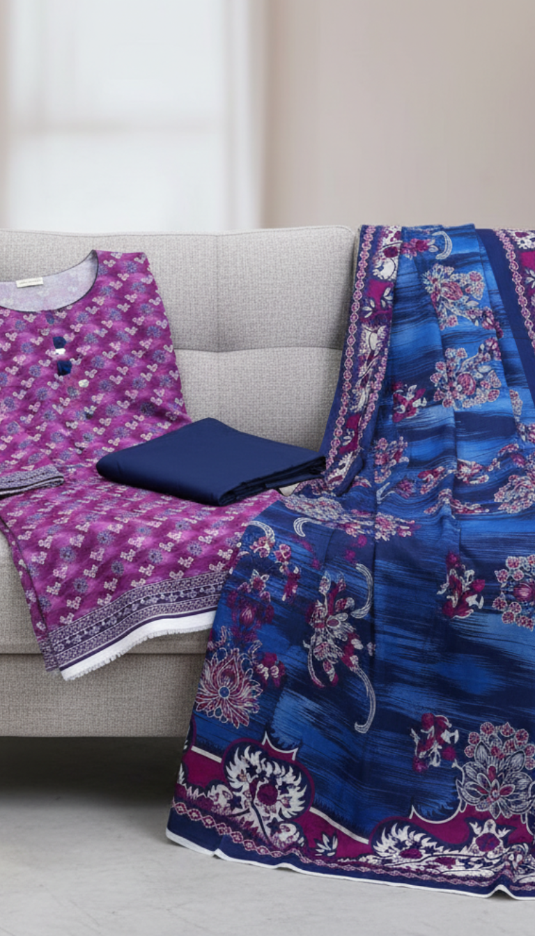 3 Piece Printed Khaddar (Purple)