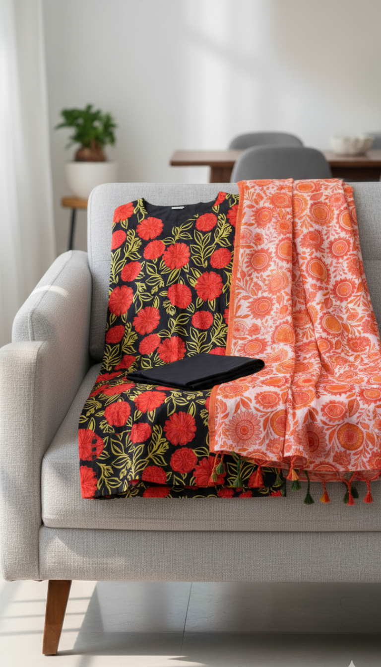 Lawn 3 Piece Printed Suit (Red Flowers)