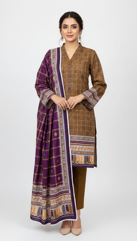 3 Piece Printed Khaddar (Brown)