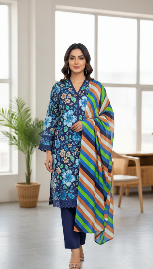 Lawn 3 Piece Printed Suit (Blue Flower)