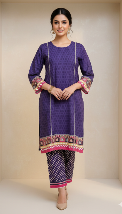 2 Piece Printed Khaddar (Dark Purple)