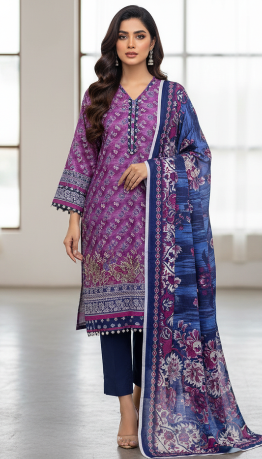 3 Piece Printed Khaddar (Purple)