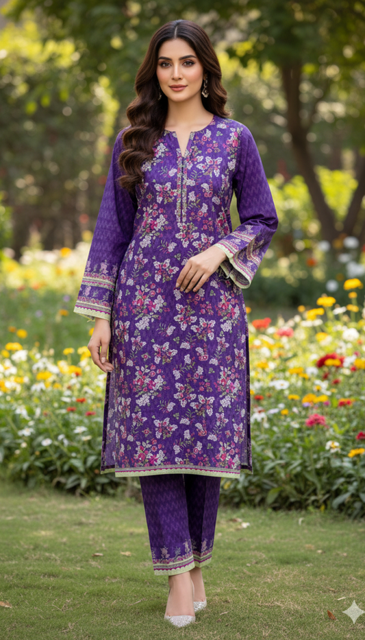 2 Piece Printed Khaddar (Purple)