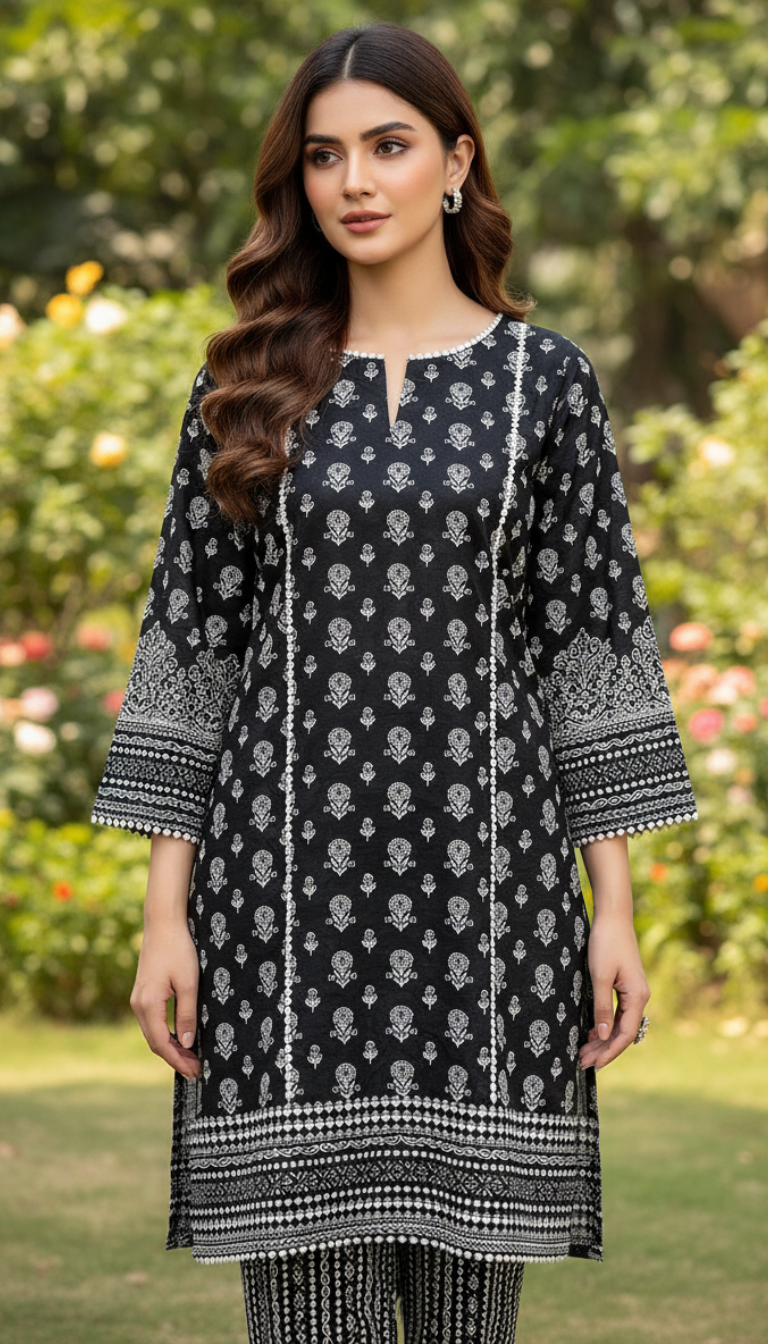 2 Piece Printed Khaddar (Black)