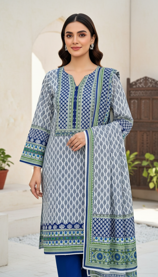 3 Piece Suit Printed Lawn (Cambric Trouser)