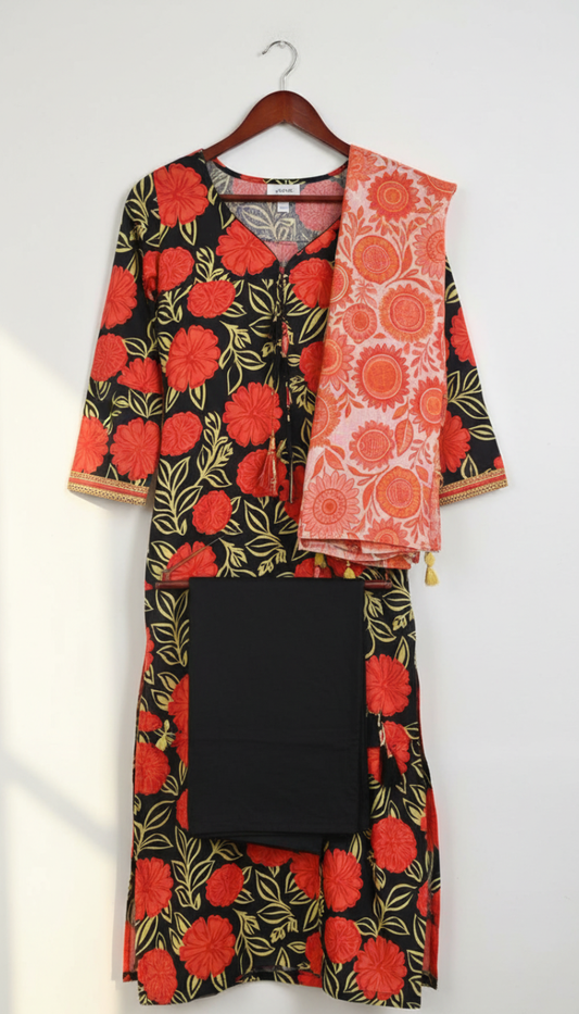 Lawn 3 Piece Printed Suit (Red Flowers)