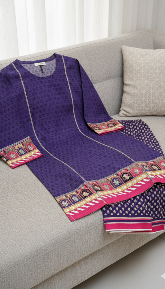 2 Piece Printed Khaddar (Dark Purple)