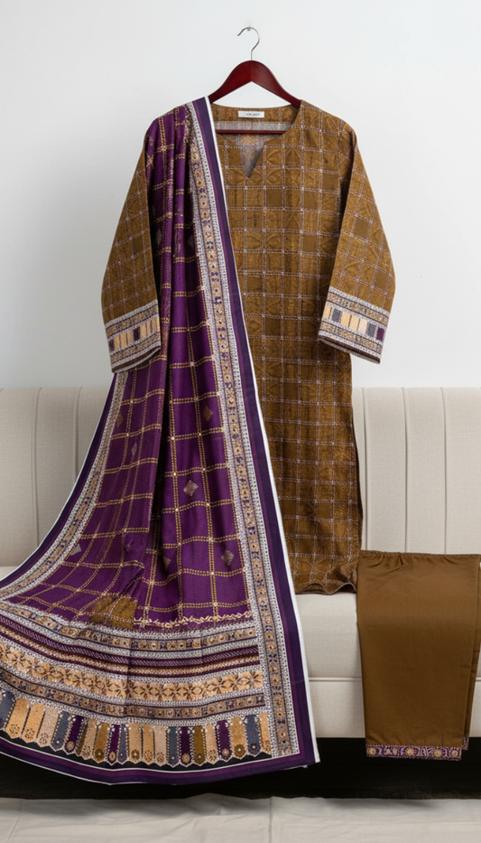 3 Piece Printed Khaddar (Brown)