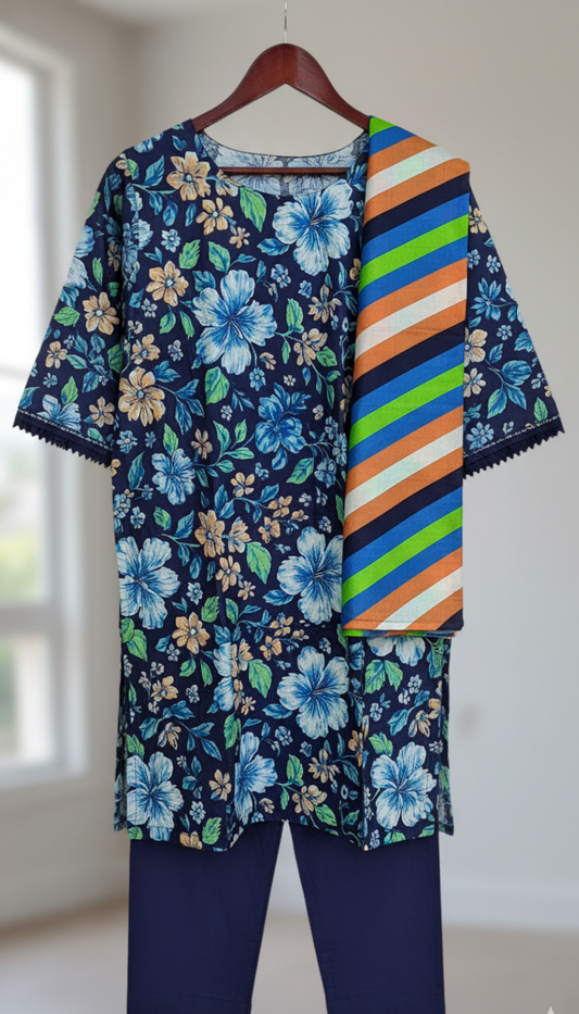 Lawn 3 Piece Printed Suit (Blue Flower)