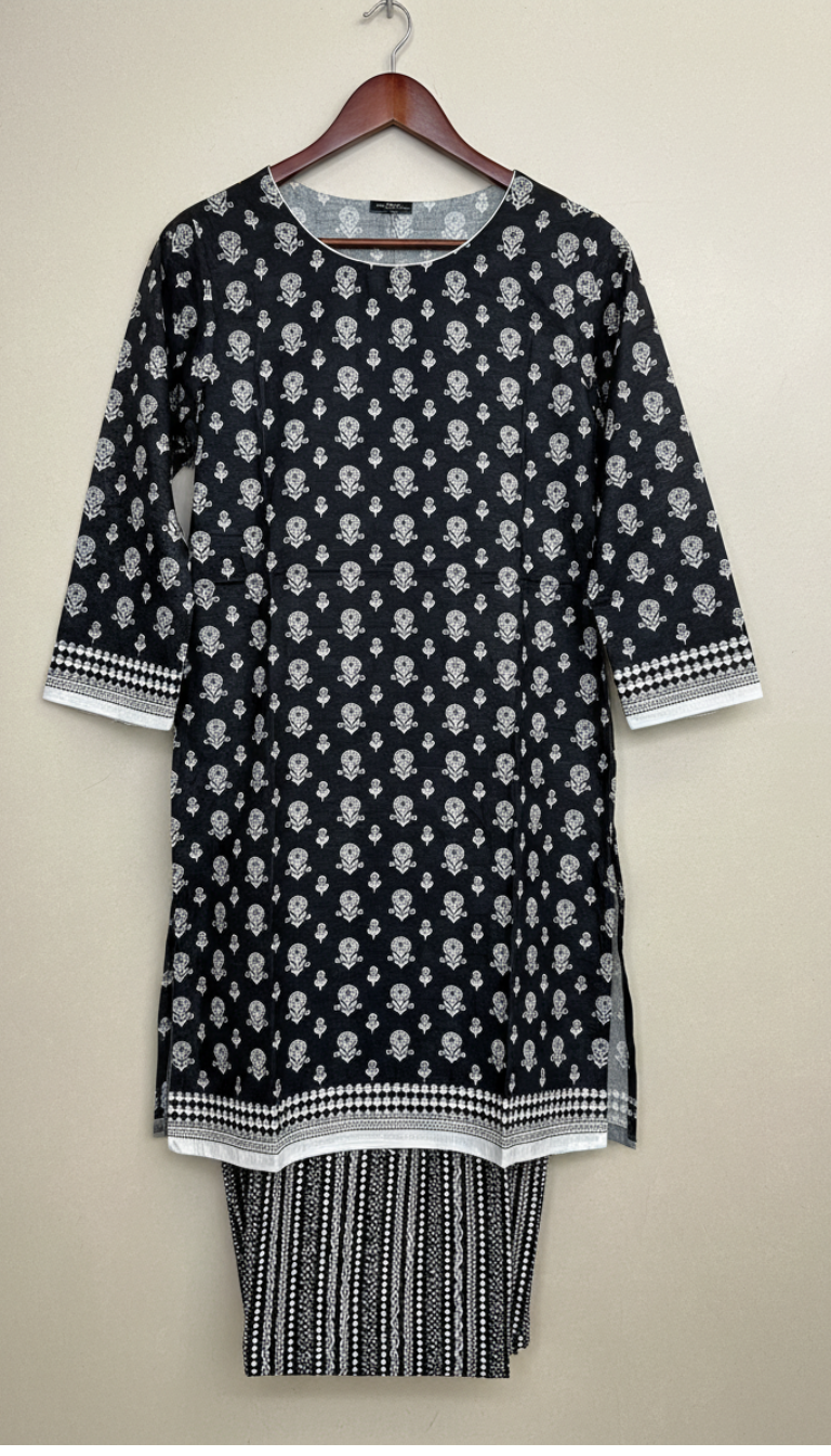 2 Piece Printed Khaddar (Black)