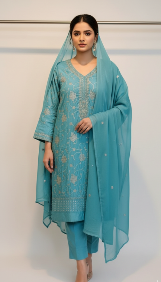 Fancy 3 Piece Embroidered Silk